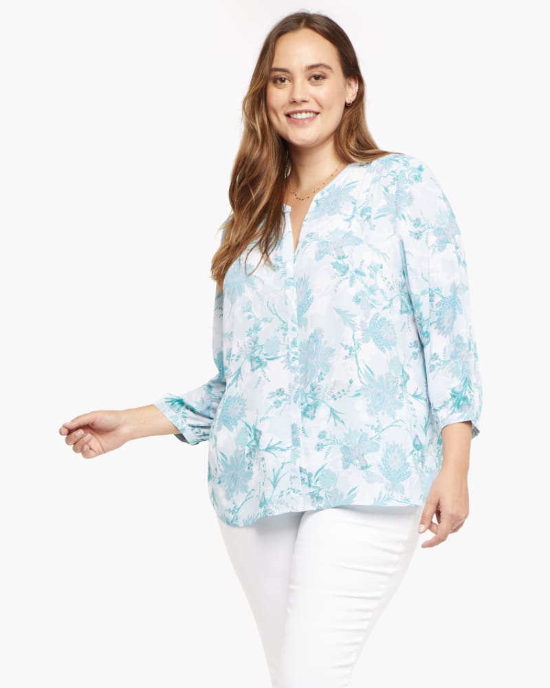 Front of a model wearing a size 0X Pintuck Blouse in Whistlerflowerets by NYDJ. | dia_product_style_image_id:170819